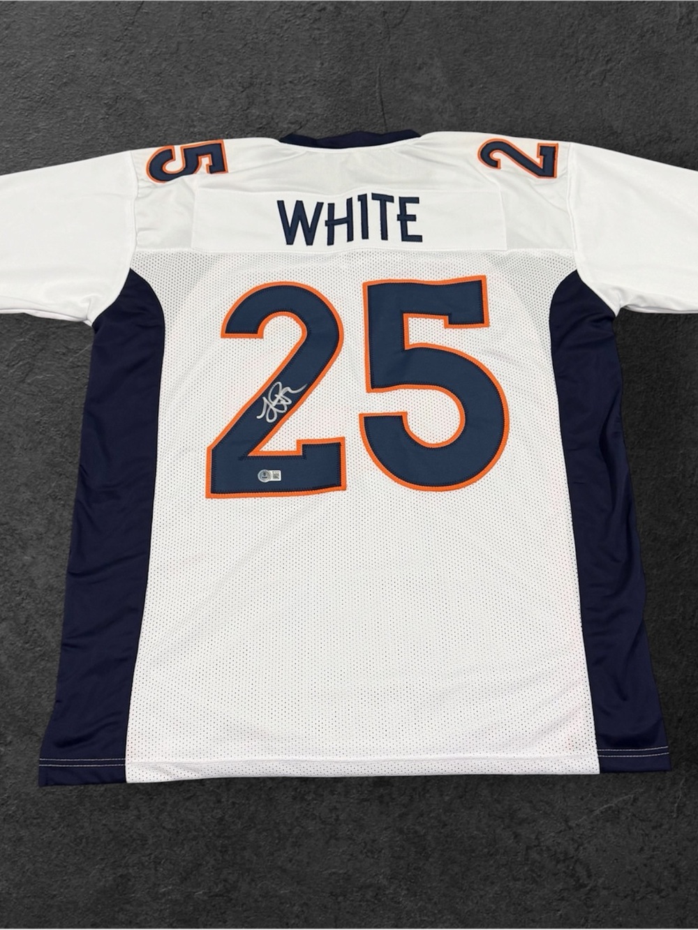 LedaleWhite #25 Football Jersey with Navy & Orange Accents Beckett Witness NFL